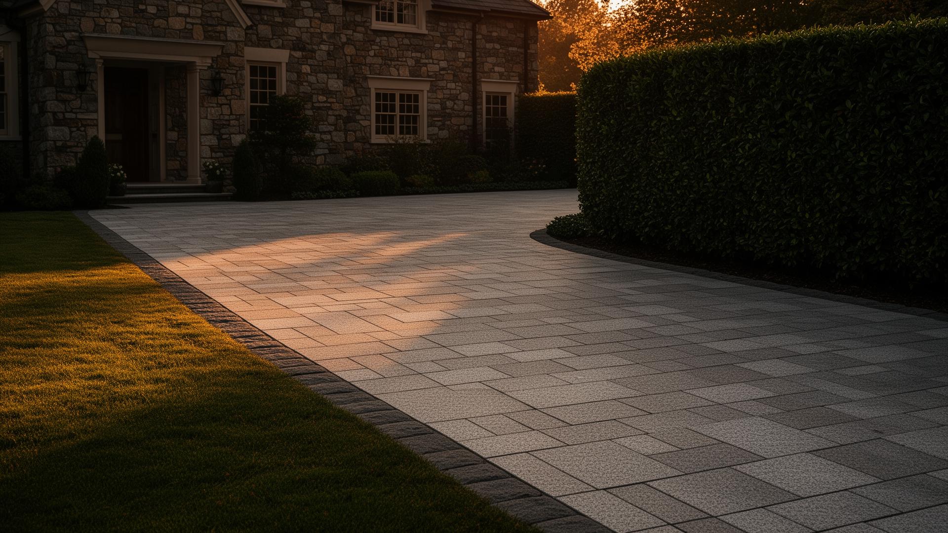 A stone-fronted Irish home with a freshly laid granite driveway at golden hour